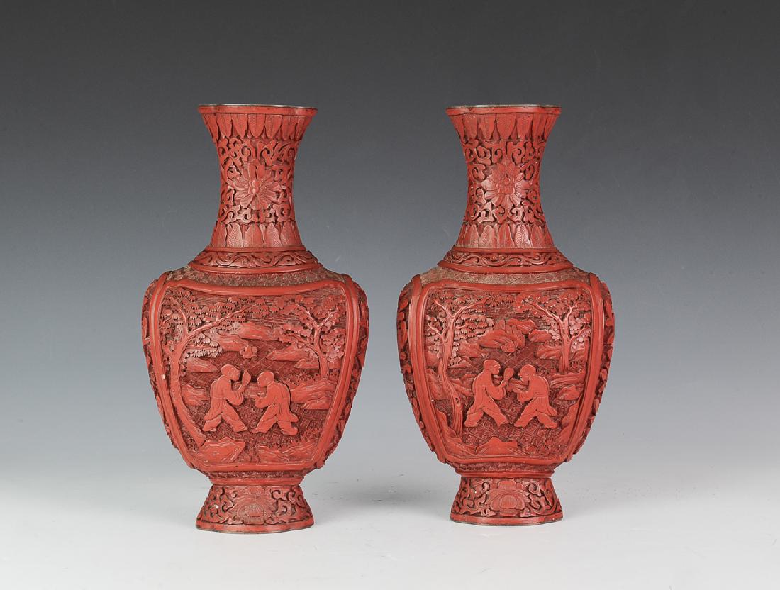 Chinese Pair of Cinnabar Vases, 19th Century (1 of 6)