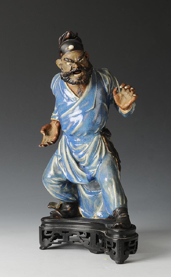 Shiwan Zhongkui Statue w/ Wood Stand, 19th C (1 of 10)