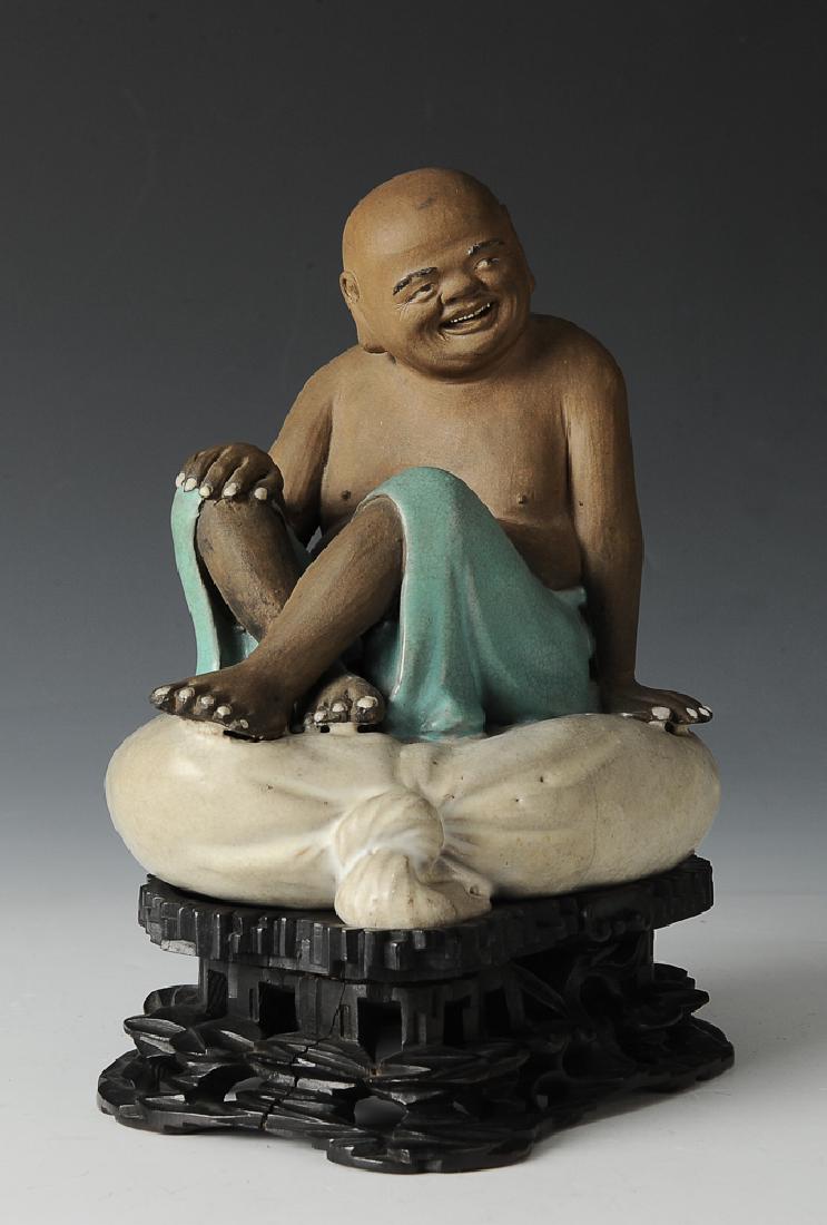 Shiwan Budai Statue w/ Wood Stand, 19th C (1 of 10)