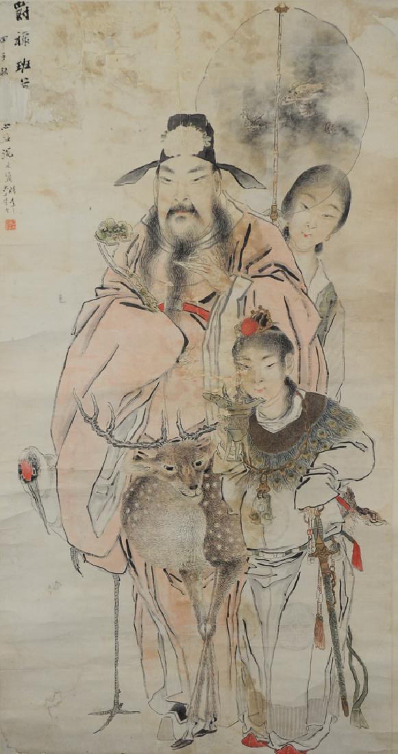 Painting of People, Shen Zhaoyong: Scroll painting of people by Shen Zhaoyong. A watercolor and ink painting of a scholar, woman, and child. The woman is holding a dragon fan and a deer is beside them. It has a signature and a seal. It