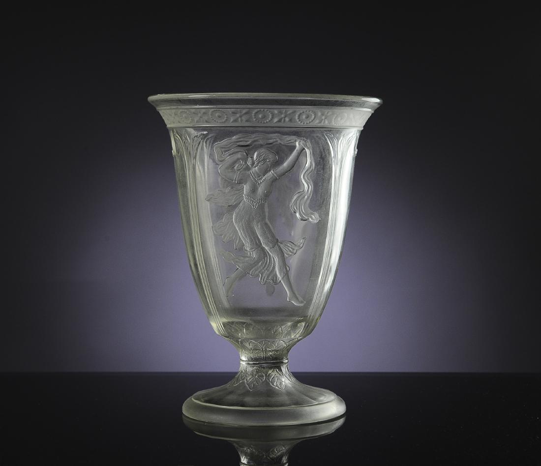 Czech Art Nouveau Glass Vase w/ Semi Nudes: Depicts two semi-nude women in relief. Dimensions are: 8 5/8" tall, 6 3/8" dia. All measurements are approximate. Condition: No noted damage. Excellent. Provenance: The lifetime collection of Linda Ra