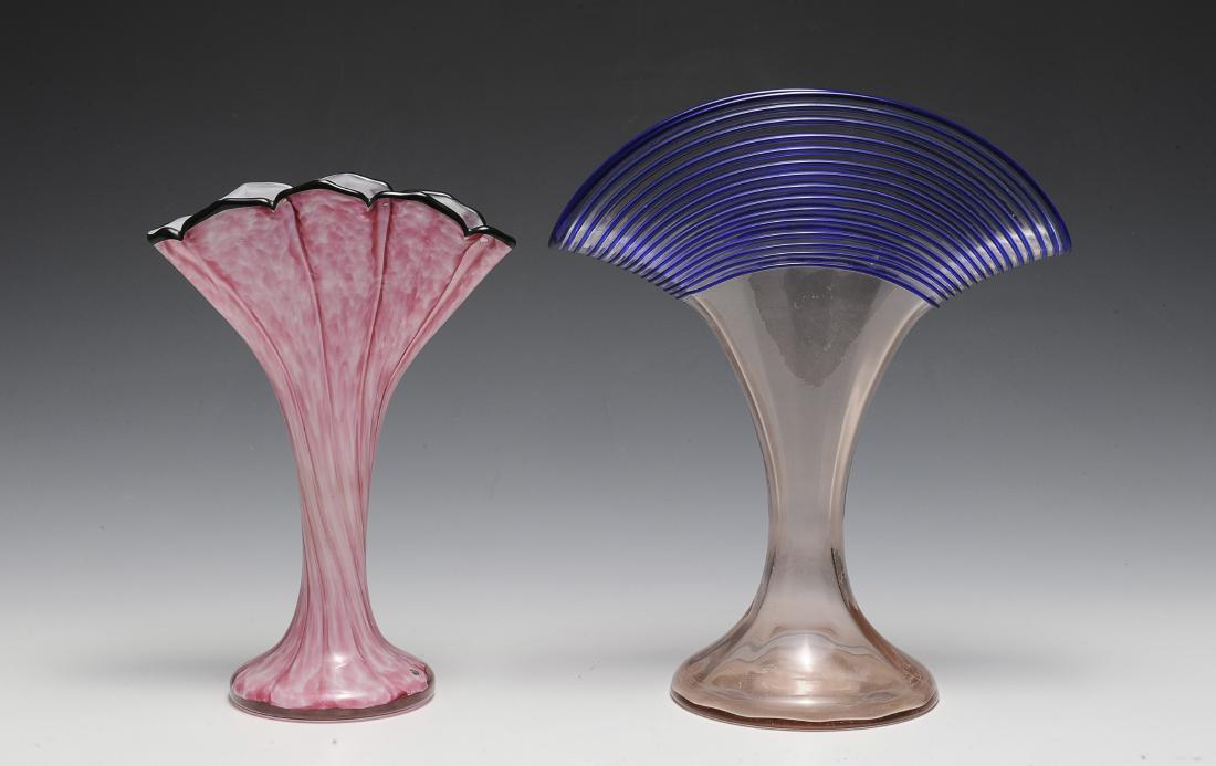 Two Fan-Shaped Czech Glass Vases: Two pink, fan-shaped Czech glass vases with threading detail. Dimensions are: largest 9 1/2" wide, 8" tall. All measurements are approximate. Condition: Excellent. No noted damage. Provenance: The lif