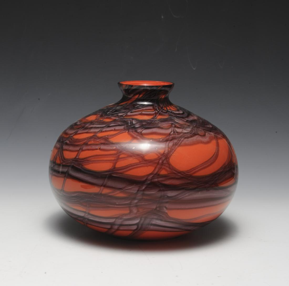 Red Kralik Glass Vase: Red and purple Czech glass vase in the Kralik style. Dimensions are: 7 1/2" tall. All measurements are approximate. Condition: No noted damage. Excellent. Provenance: The lifetime collection of Linda 
