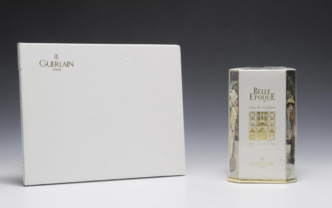 Guerlain Belle Epoque Parfum in Sealed Package: Exclusively made and packaged for the 150th anniversary of Harrods Department Store. Comes with a Guerlain of Paris hardbound book in original sleeve. Dimensions are: 6 3/8" tall, book 7 3/4" X 7 3/4"