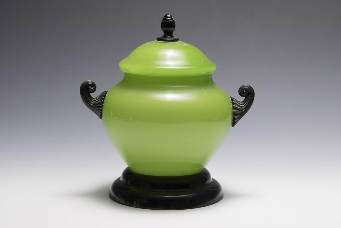 Three Piece Art Deco Czech Glass Covered Bowl: Lime green with separate black base, bottom signed 'Czechoslovakia'. Dimensions are: largest 9 1/4" tall, 8 1/2" wide. All measurements are approximate. Condition: No noted damage. Excellent. Provenan