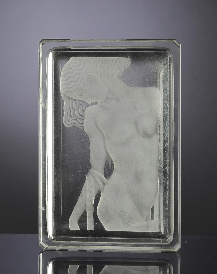 Czech Glass Intaglio Nude Dresser or Pin Tray: Unsigned, Art Deco era. Dimensions are: 5 1/2" X 3 5/8". All measurements are approximate. Condition: Some scuffs, scratches to bottom. Fine. Provenance: The lifetime collection of Linda Racey.