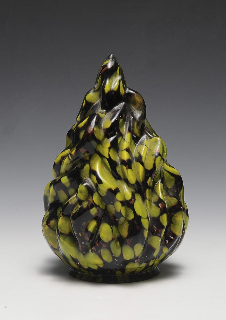 Fire Form Czech Glass Lampshade: A multicolored, flame form Czech glass lamp shade. Dimensions are: 7 1/2" tall, 4" dia. All measurements are approximate. Condition: Some flaking to the bottom rim. Very Fine - Excellent. Provenance: 