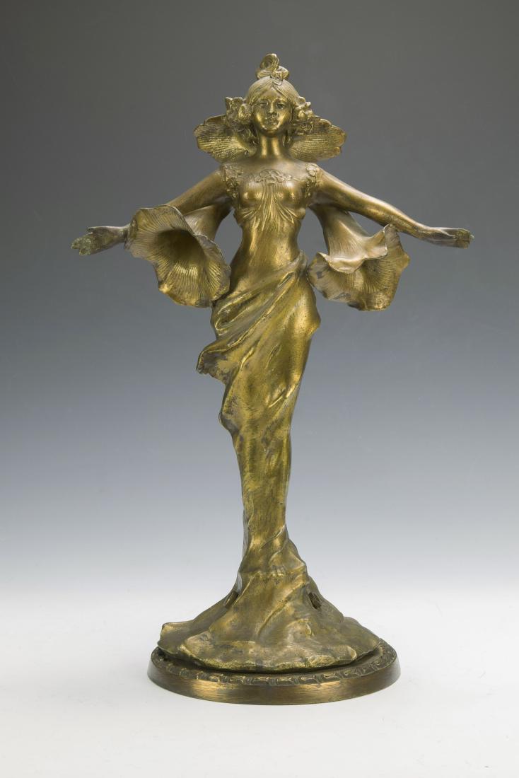 Art Nouveau Bronze Pittsburgh PLB & G Co. Lamp: Cast patinated bronze figural lamp base. Iron base marked 'PLB & G Co.' for Pittsburgh Lamp, Brass and Glass Co. This one is a bit of a mystery, we have seen spelter examples of this as a lamp but thi