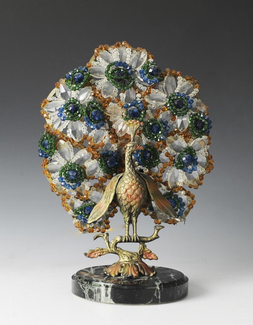 Czech Glass & Bronze Peacock Lamp: Mounted on original marble base, marked 'Made in Czechoslovakia' on back. Dimensions are: 12 3/4" tall, 9" wide, 5 7/8" dia. base. All measurements are approximate. Condition: Lamp rewired, tail loose