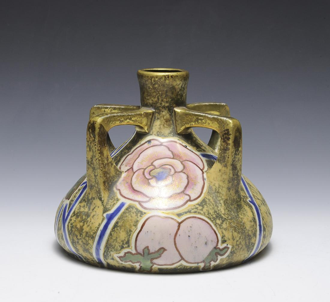 An Amphora Four Handle Art Nouveau Vase: Has a painted rose and stem design with gilt handles. Base marked 'Amphora'. Dimensions are: 7 tall, 9" dia. All measurements are approximate. Condition: No noted damage. Excellent. Provenance: The li