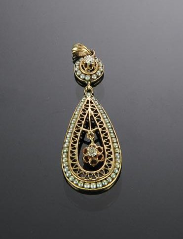 14K Gold, Diamond and Seed Pearl Teardrop Pendant (1 of 2)