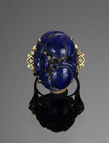 A 14k Gold and Carved Lapis Lazuli & Diamond Ring (1 of 4)