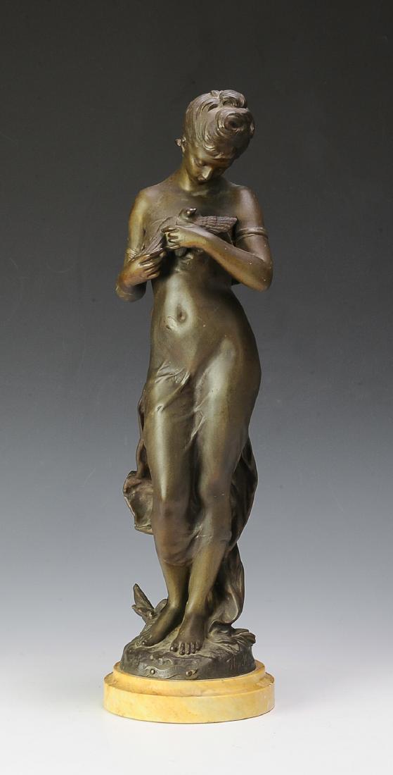 L'Oiseau Blesse Sculpture by Hippolyte Moreau: Hippolyte Moreau (French, 1832-1927) circa 1910 patinated metal sculpture with foundry mark - Fabrication France, Paris. Signed Hip. Moreau, mounted on original marble base. Dimensions are: 19 1/2" ta