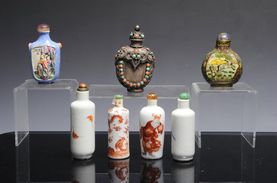 7 Snuff Bottles in Porcelain, Cloisonne, & Pewter (1 of 1)