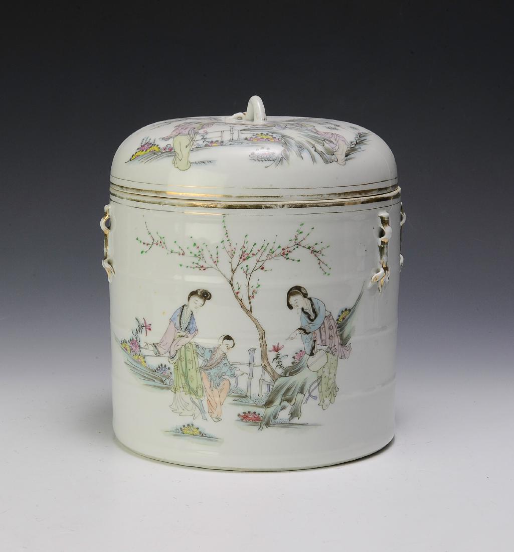 Chinese Famille Rose Lidded Cylinder Jar w/ People (1 of 7)