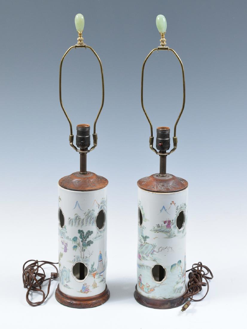 Pair of Chinese Famille Verte Hat Stand Lamps, 19th C (1 of 5)