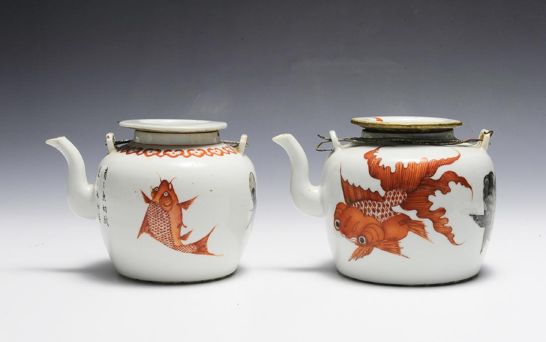 Group of 2 Chinese Teapots w/ Goldfish, 19th C (1 of 4)