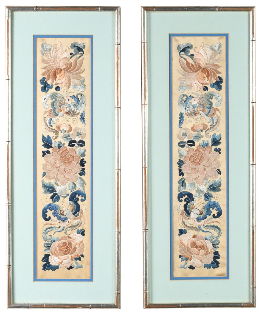 Pair of Chinese Framed Floral Embroideries (1 of 3)