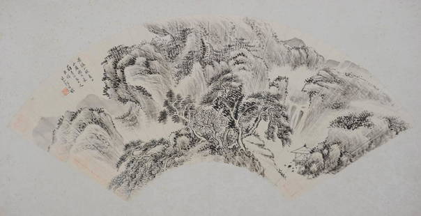 Chinese Fan Painting of Landscape by He Weipu: A Chinese fan painting in ink on paper by He Weipu. The painting depicts a landscape and has 1 seal and a silk backing. Dimensions are: 10 inches tall X 22 inches wide. All measurements are approximat