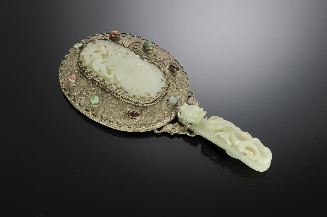 Chinese Mirror w/ Jade Plaque & Dragon Hook 19th (1 of 3)