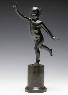 C.P. Jennewein Infant Mercury Bronze Sculpture: C.P. Jennewein Infant Mercury Bronze Sculpture: Carl Paul Jennewein (American, 1890-1978), circa 1920, bronze on green stone column base, titled, â€˜Young Mercuryâ€™ or â€˜Infant Mercury�