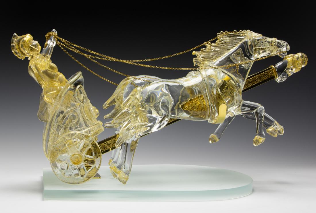 Zanetti Murano Glass Chariot by Arnaldo Zanella: Zanetti Murano Glass Chariot by Arnaldo Zanella: Hand crafted lead crystal with 24K gold and a brass support. Dimensions are: 22" long x 13 1/2" tall x 13 1/2" wide. All measurements are approximate. 