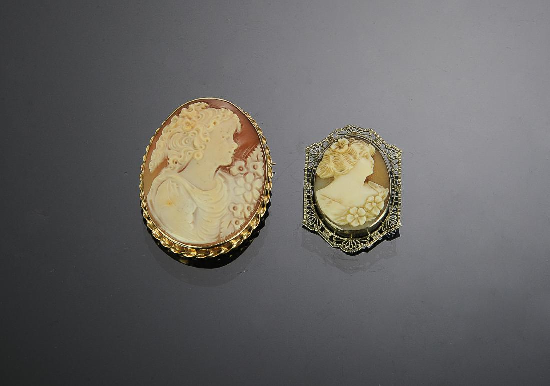 Vintage 14K Gold Carved Shell Cameos: Vintage 14K Gold Carved Shell Cameos: Both marked and tested 14K gold. The smaller is 14K white gold and the lager is 14K yellow gold with a T-bar back. Both are pendant/brooches. Total weight: 11.3 g