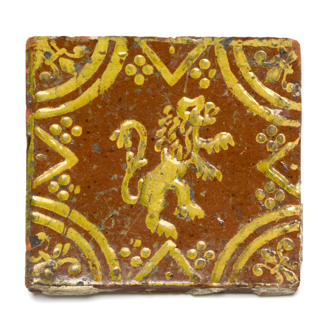 Antique Tile Lion Red Yellow Belgium Flemish (A) (1 of 2)