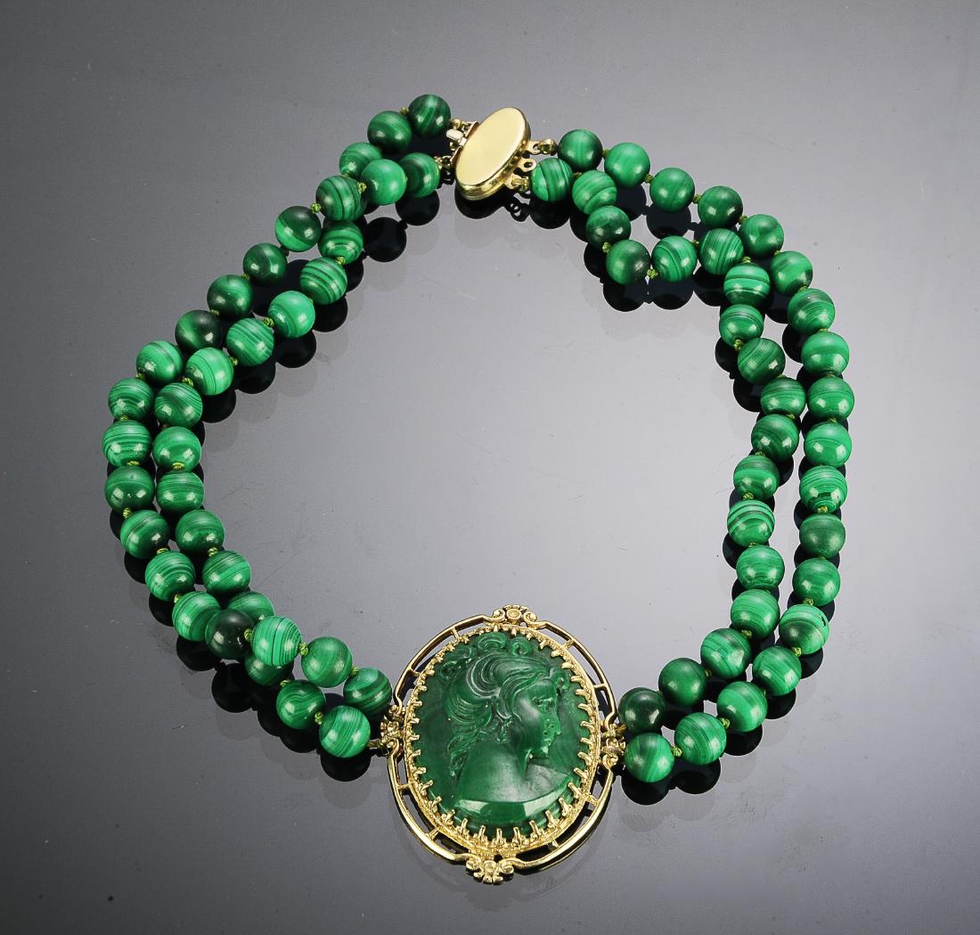 14K GF & Malachite Choker Cameo: 14K GF & Malachite Choker Cameo: Carved malachite cameo with malachite beads set in a 14K GF frame with 14K GF clasp. Dimensions are: 15" long, cameo - 1 7/8" tall. All measurements are approximate. C
