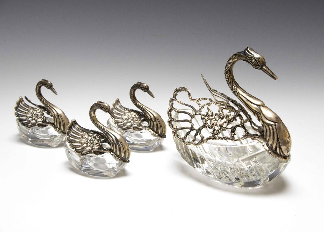 835 German Silver & Crystal Swan Salts (4) (1 of 3)