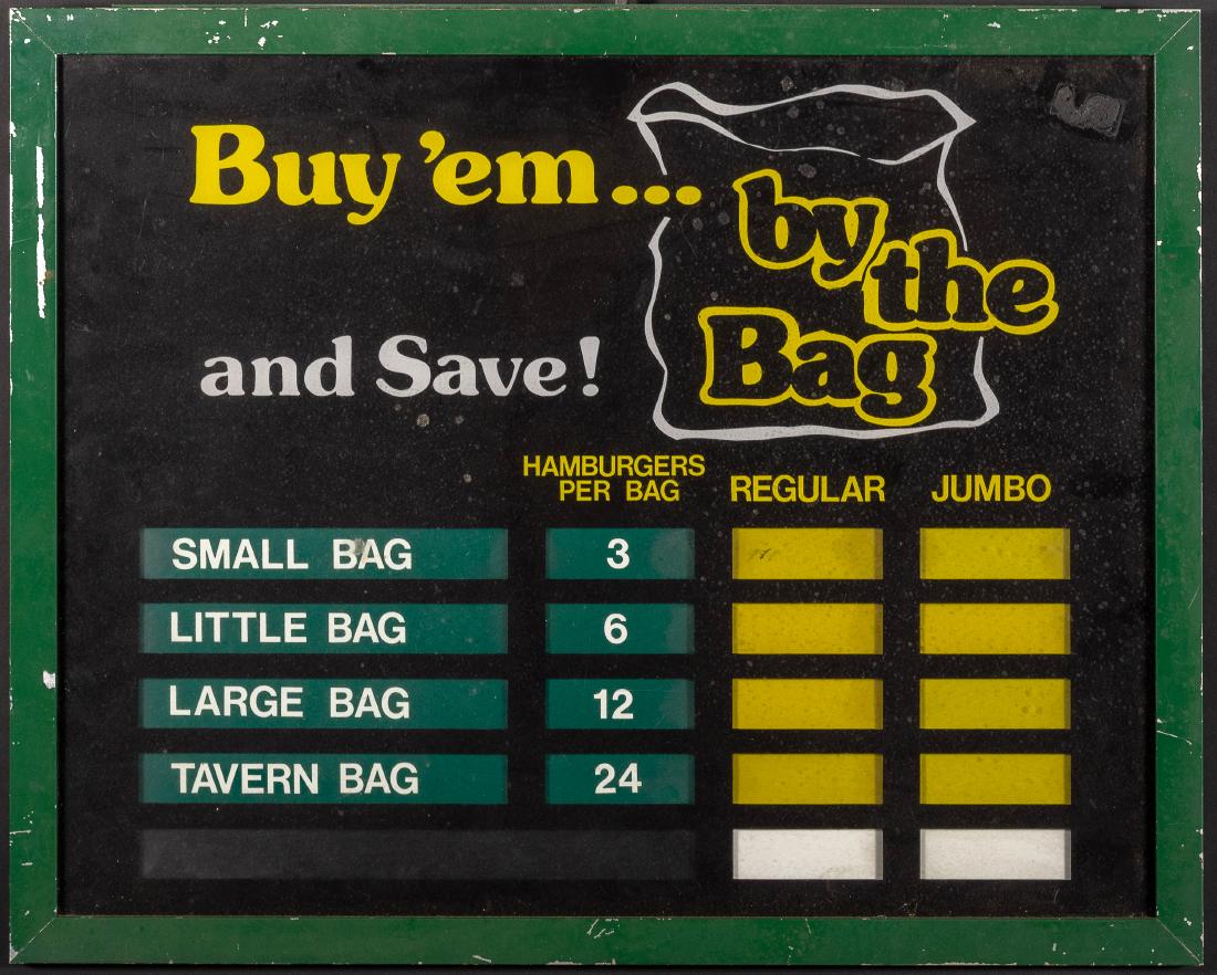 Little Tavern Burgers Menu Board: Aluminum and plexiglass with menu inserts circa 1970. Dimensions are: 23 3/4" tall X 19" wide. All measurements are approximate. Condition: Scattered paint chipping. Provenance: Little Tavern warehous