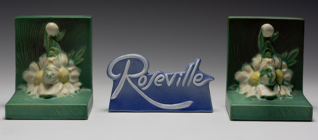 (3) Roseville Pottery Peony Bookends & Dealer Sign (1 of 5)
