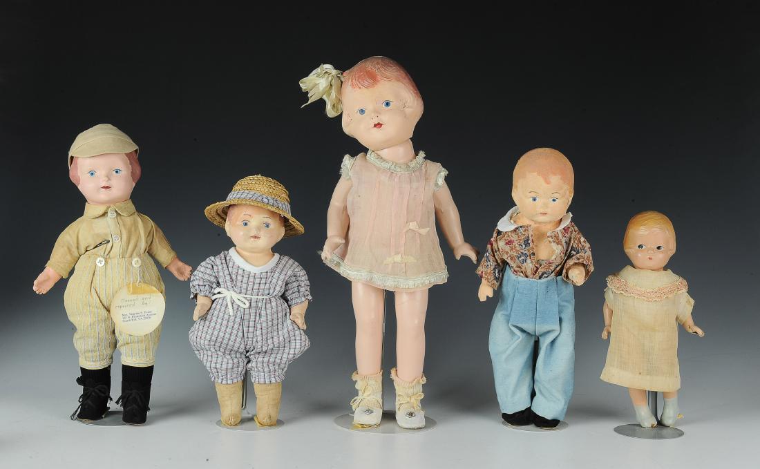(5) Effanbee & Other Composition Dolls: Five composition dolls, three with cloth bodies (one Effanbee). All have molded hair, and one has a loop in hair for a ribbon or bow. One doll retains tag from repairer. Dimensions are: tallest - 15 3