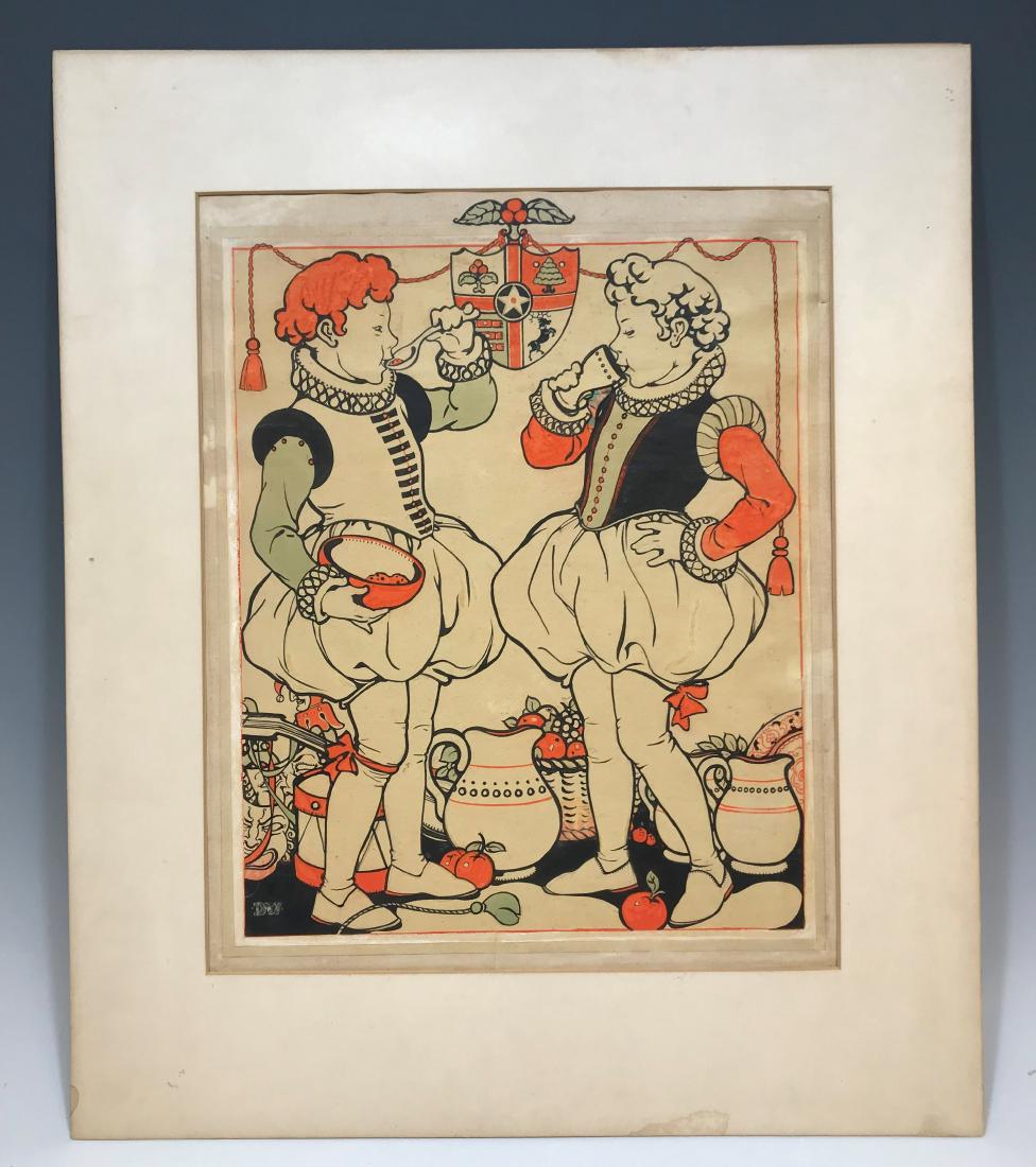 Dorothy Wheeler Watercolor Illustration Children: Dorothy Muriel Wheeler (British, 1891 - 1966), watercolor and ink on paper depicting two children dressed as pages eating and drinking. The face with the artist's initials. Dimensions are: 17 3/4â€