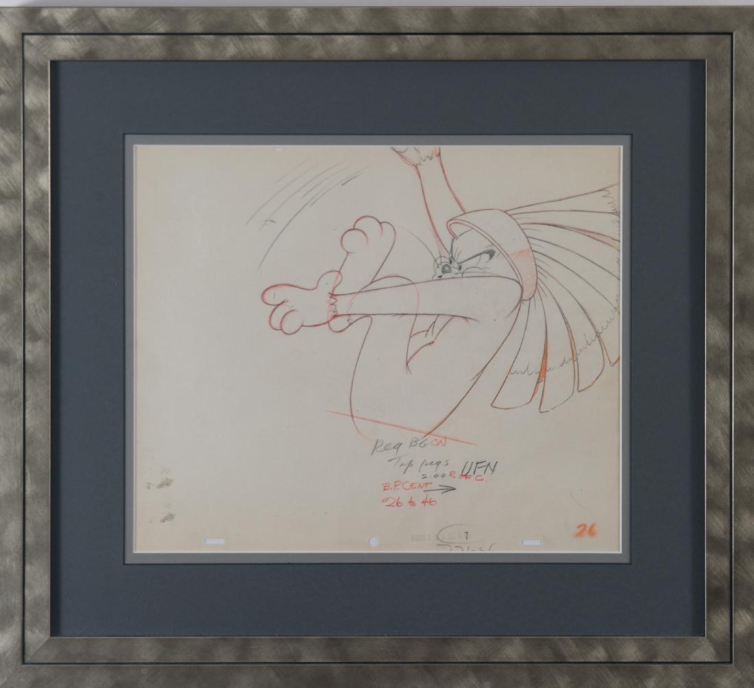 1949 Animation Drawing of Tom - from Tom & Jerry: Original MG Studios animation drawing of Tom from the Tom & Jerry cartoons. This one is from the 1949 Academy Award nominated "The Little Orphan". Comes with a signed certificate from Linda Jones Ente