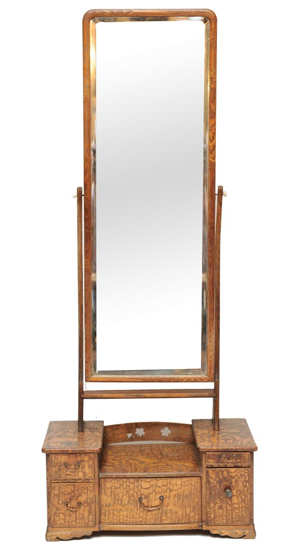 Japanese Tamo Shaving Mirror, Late Meiji - Taisho: Tamo wood, Japanese shaving mirror and stand with 5 drawers. Likely from late Meiji to early Taisho period. Dimensions are: 66" tall X 23 3/8" wide. All measurements are approximate. Condition: Fittin