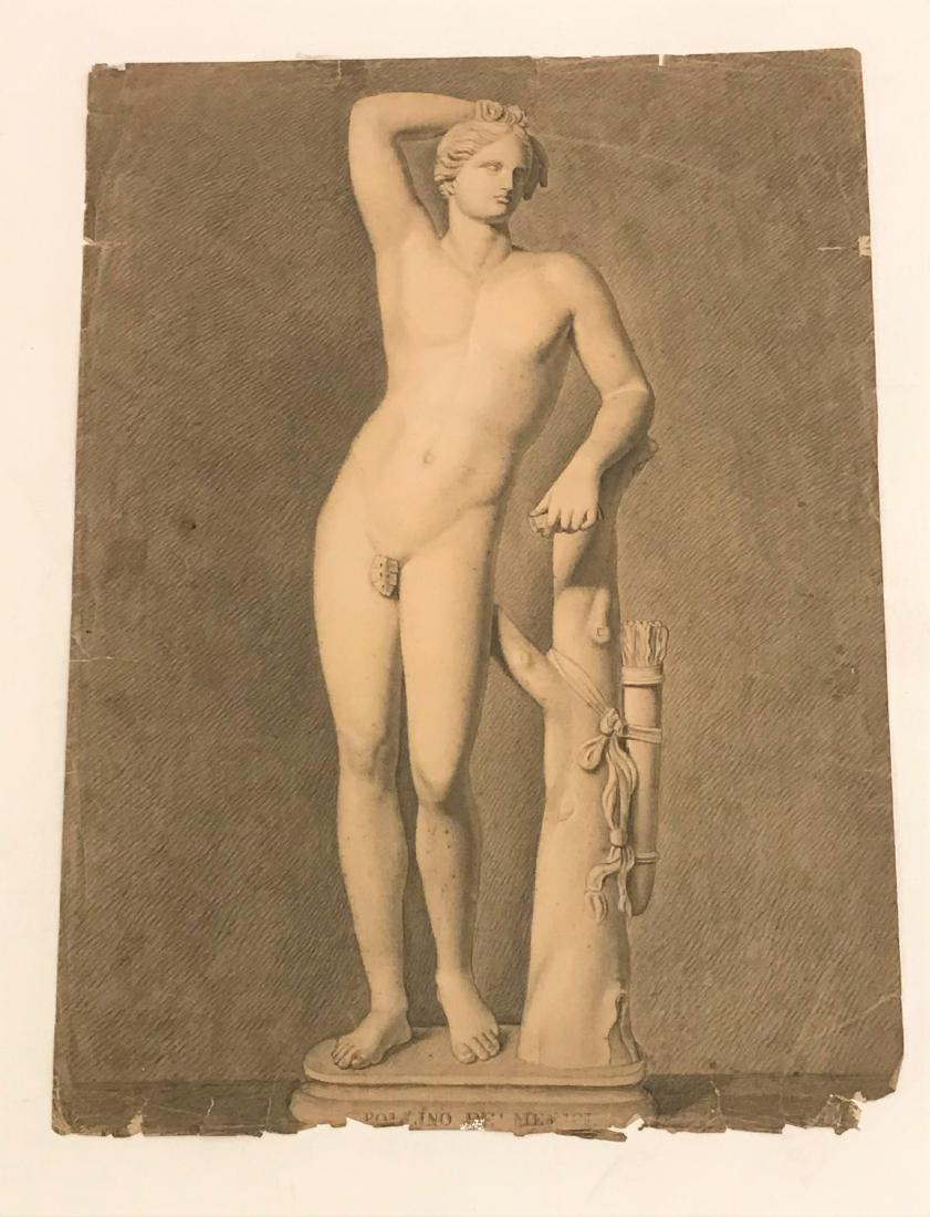 Antique Graphite Study after Roman Apollino: Antique Graphite Study after Roman Apollino: 19th century graphite sketch on paper after the 1st century, Roman Parian marble sculpture now located at he Uffizi gallery. Dimensions are: 23 3/4" high X