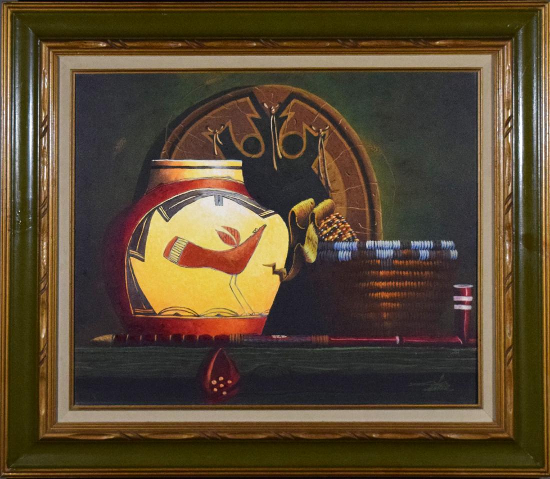 Oil Painting of Basket and Jar, Mario Jung: Oil on canvas by Mario Jung, Seoul, 1949-current. While similar to his sand paintings this oil is much more vibrant in color. Depicting a Pueblo pot and basket with maize and a pipe set in front of a 