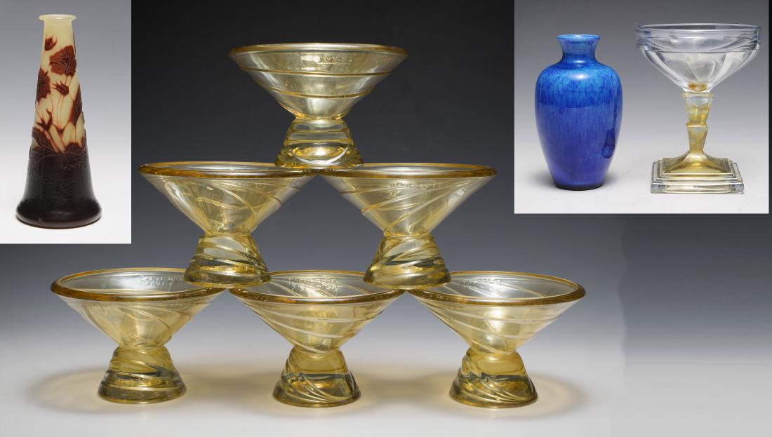 (9) Lot of Glassware Inc. Galle Bud Vase: GallÃ© Cased Glass Bud Vase: Small ruby and cream vase signed GallÃ© on side. Dimensions are: 5 1/8" tall, 2 3/16" dia. Art Deco design Carte D'or ice cream dishes with embossed name. Caramel colo