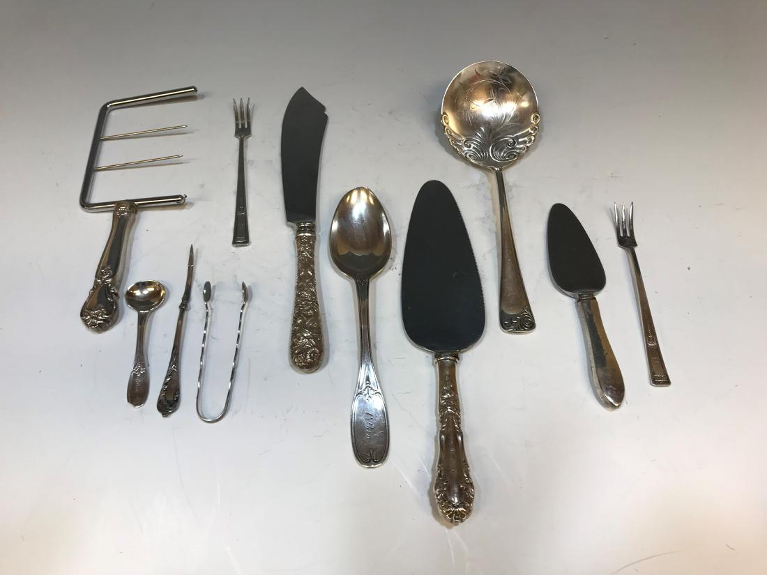 (9) Sterling and Coin Silver Serving Utensils: Collection of nine, 19th century sterling and coin silver tableware utensils, including: A.) Large serving spoon with engraved bowl, sold through W. C. Hollinger of Louisville, KY, 8.5" long. B.) S. K