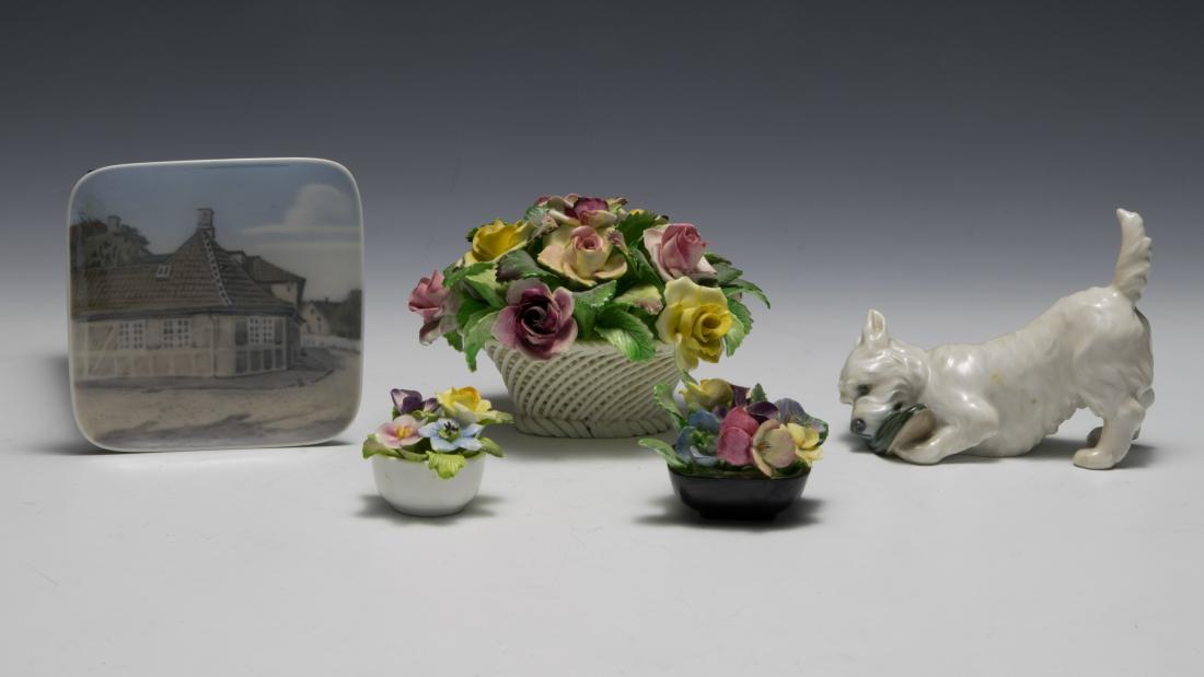 (5) Porcelain Figures and Ceramic Flowers: Two small Coalport and a larger Denton flower group. Royal Copenhagen dog with slipper and a Royal Copenhagen pin tray. Dimensions are: largest - 5" long. All measurements are approximate. Condition: 
