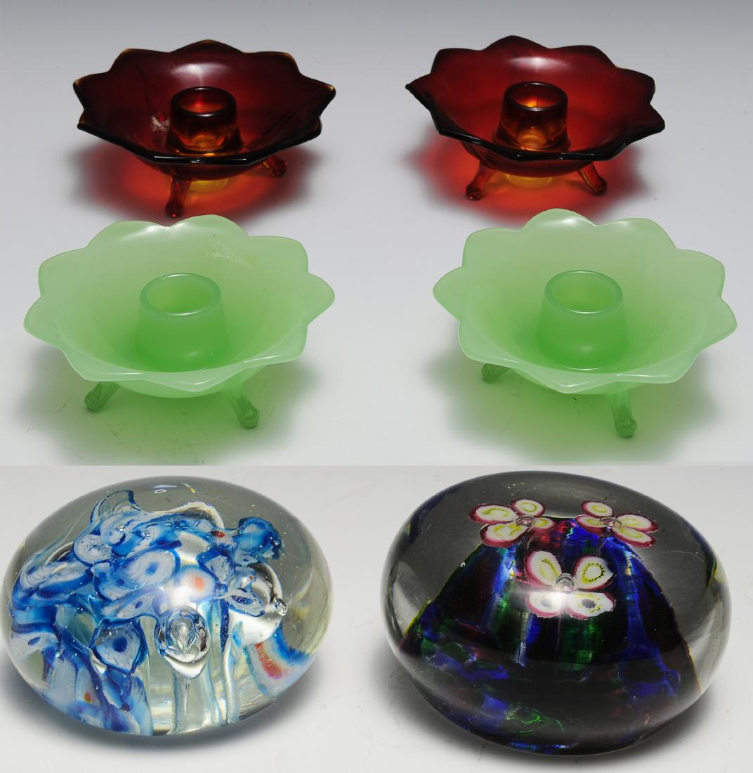 (6) Fenton Glass Candlesticks & Czech Paperweight: Four Fenton glass candlesticks in the shape of lotus flowers. Two of the candlesticks are red and two are pale green. Two Czech glass paperweights with multicolored glass inside clear. Dimensions are: