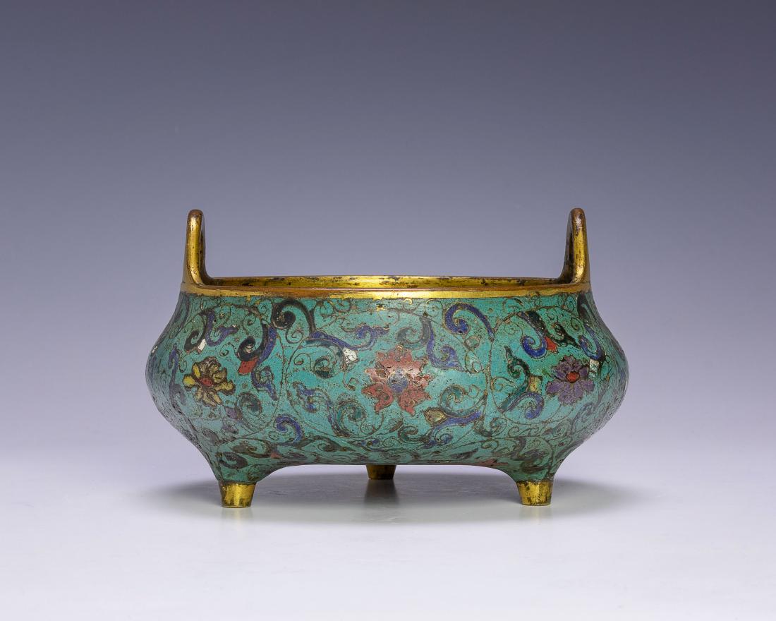 Chinese Imperial Cloisonne Tripod Censer, Kangxi: A Chinese Imperial gilt and cloisonne tripod censer with a 6-character Kangxi mark and period. Dimensions are: 4 inches tall X 6 1/2 inches wide. All measurements are approximate. Condition: There is 