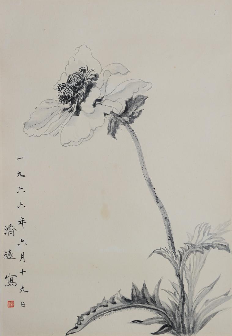 Chinese Painting of a Poppy by Wang Jiyuan: A painting of a poppy in ink on paper by Wang Jiyuan. It is signed and dated with 1 seals and is mounted on a silk backing. Dimensions are: 22 1/4 inches tall X 15 1/2 inches wide. All measurements ar