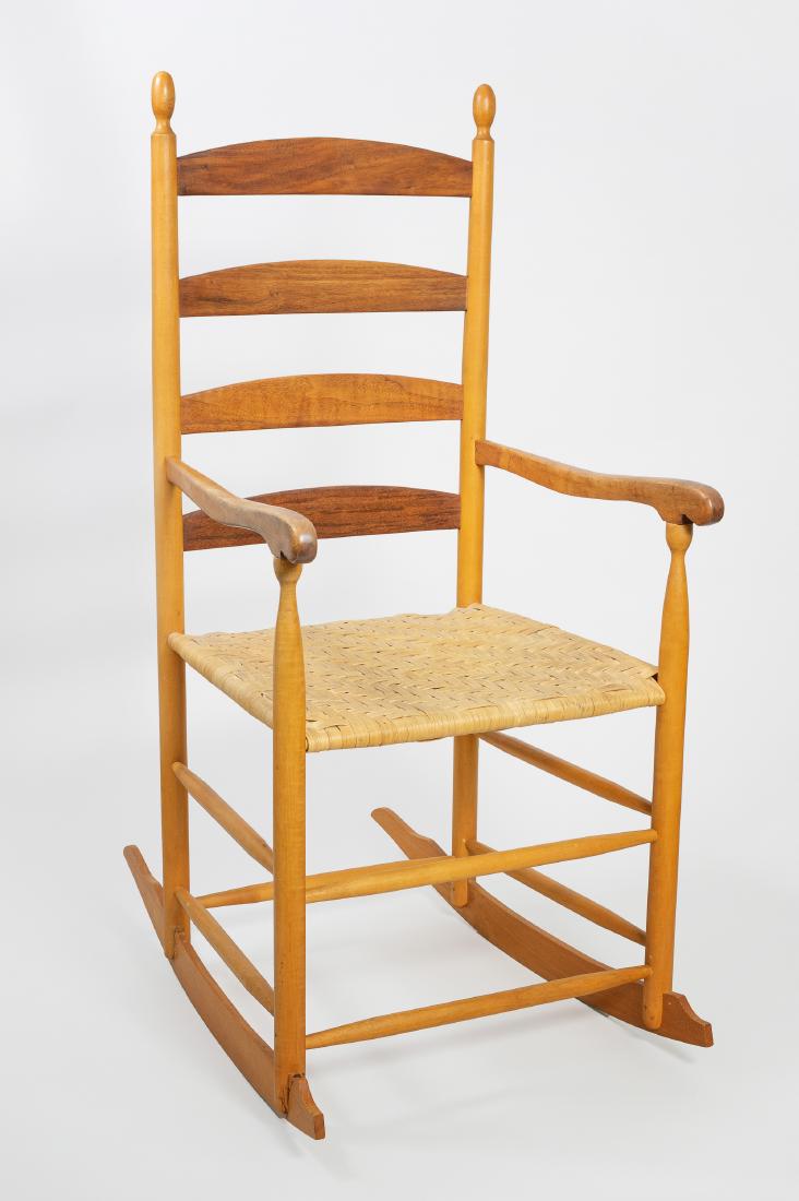 Thos. Moser Early Signed Rocking Chair: Thomas Moser early signed rocking chair. Signed TM on stretcher, made about 1974. Dimensions are: 41 inches high X 28 inches long X 18 1/2 inches wide. All measurements are approximate. Condition: Som