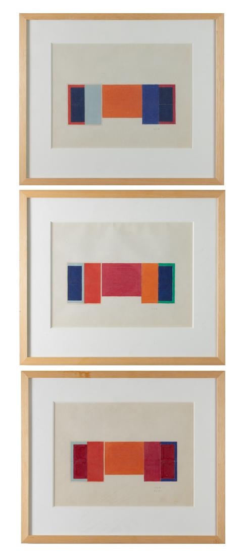 Bruce Boice Triptych Gouache Abstract Painting: Bruce Boice Triptych Gouache Abstract Painting: Bruce Boice (b. 1941), June 23, 1976, triptych watercolor and graphite on paper, abstract hard edge painting, signed and dated in graphite. Dimensions a