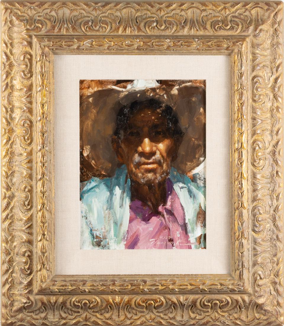Ramon Kelley Oil Canvas Painting Senor Memo: Ramon Kelley Oil Canvas Painting Senor Memo: Ramon Kelley (American, b. 1949), 1985, oil on canvas painting titled, "Senor Memo". Signed and dated on the face of the canvas and on reverse. Dimensions 