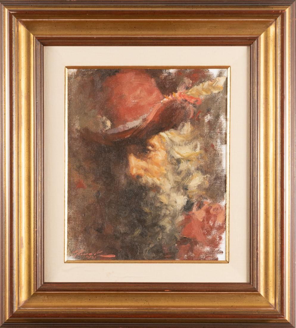 Ramon Kelley Oil on Canvas Painting Red Derby: Ramon Kelley Oil on Canvas Painting Red Derby: Ramon Kelley (American, b. 1949), 1983, oil on Canvas painting titled, "Red Derby". Signed and dated on the face of the canvas and again on reverse. Dime