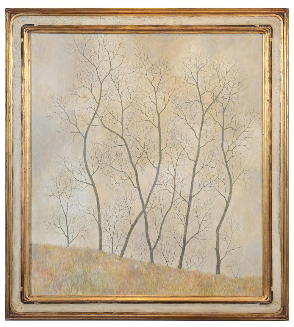 WPA Gustaf Dalstrom Tempera Painting Trees: WPA Gustaf Dalstrom Tempera Painting Trees: Gustaf Oscar Dalstrom (1893-1971, Swedish), tempera on board titled, "Bare Trees". Signed in lower right of painting: G Dalstrom. On back of board: Bare Tre