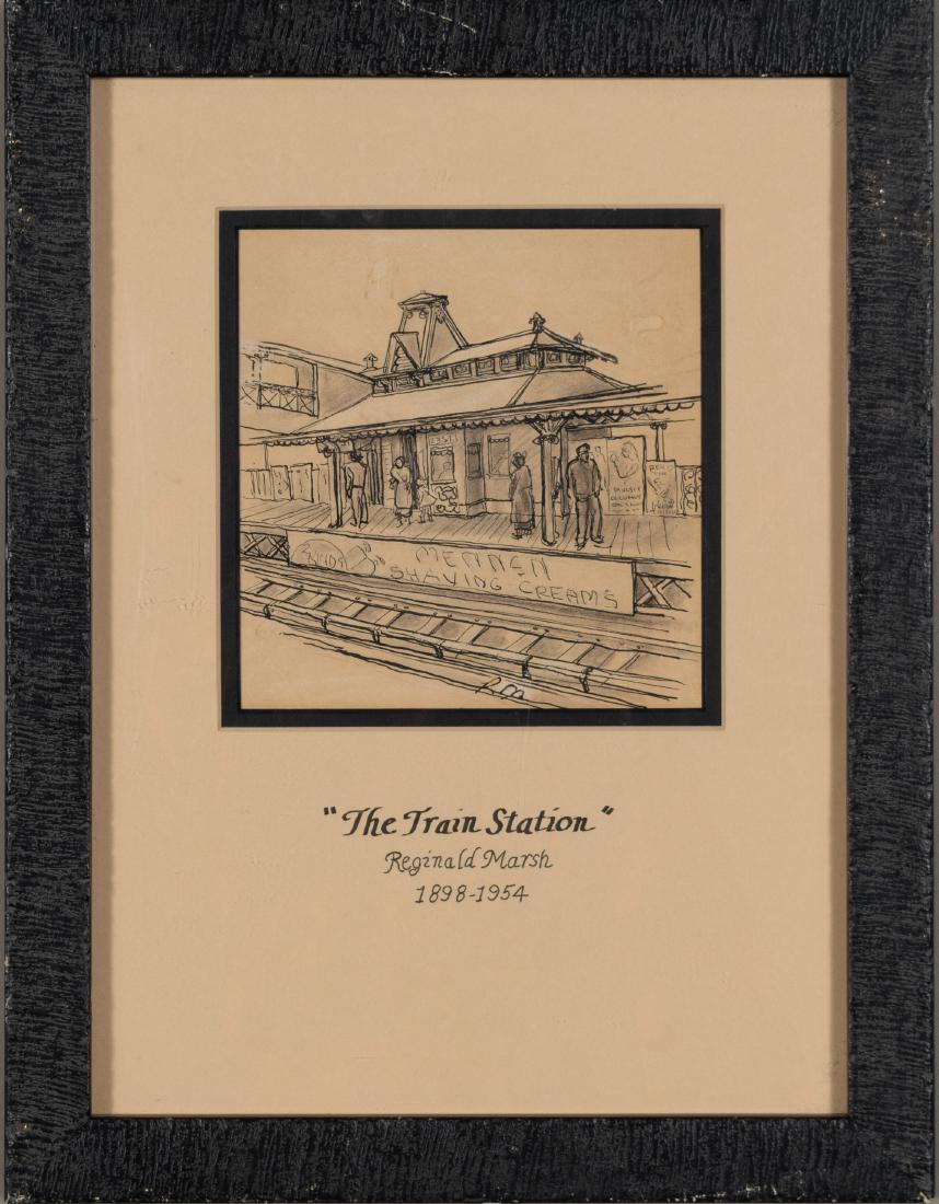 Reginald Marsh Ink Wash Drawing Train Station: Reginald Marsh Ink Wash Drawing Train Station: Reginald Marsh (American, 1898 - 1954), Ink on paper drawing, likely depicting the 23rd street stop along the first railroad system in New York, owned by